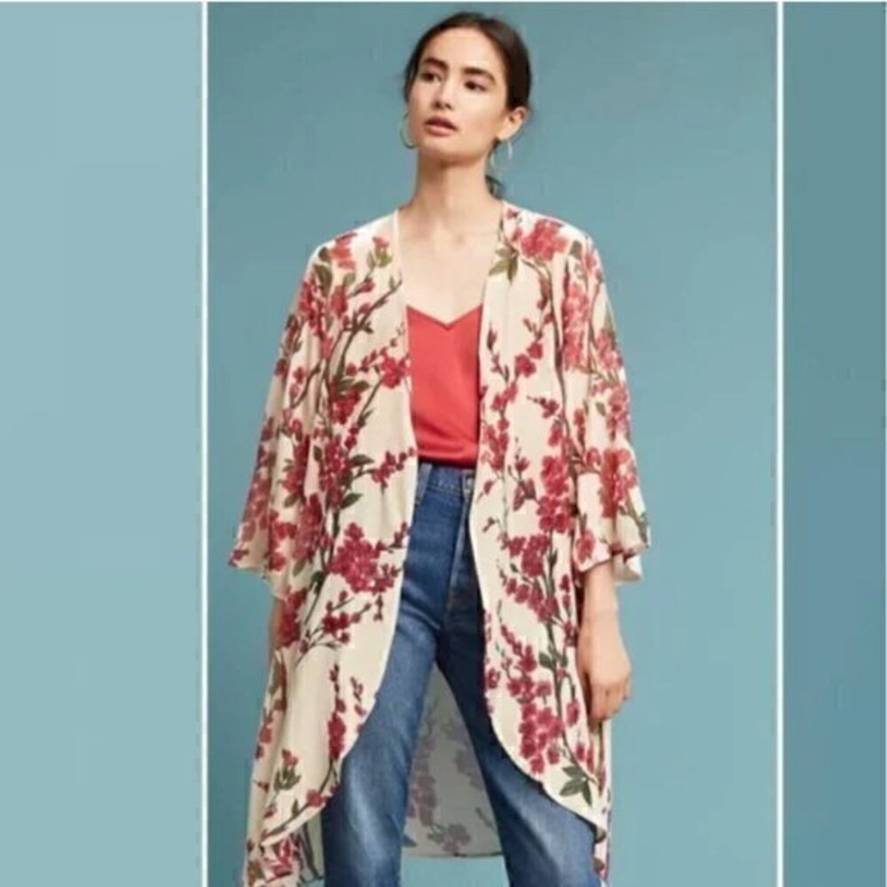 Anthropologie Floreat Velvet Burnout Cherry Blossom Kimono O/S